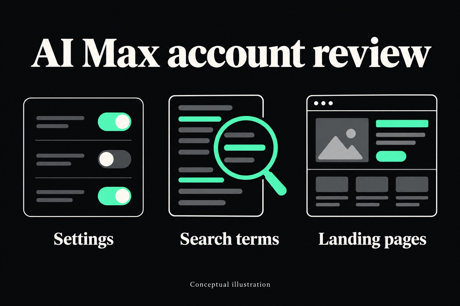 AI Max account review: Settings, Search terms, Landing pages.